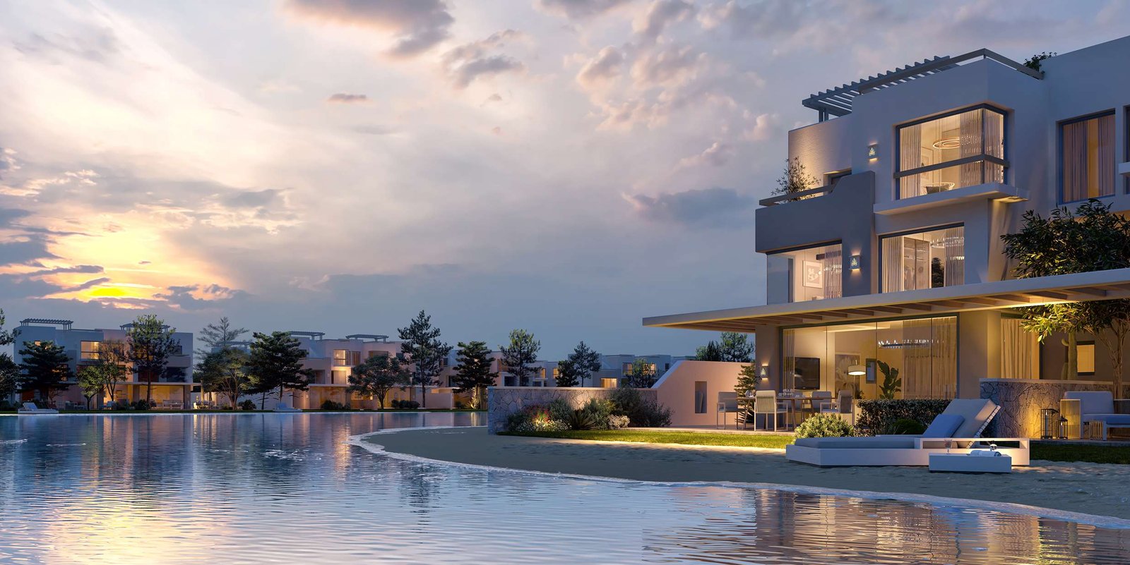 LVLS Mountain View villa at dusk render - تصور هندسي لفيلات لفلز ماونتن فيو