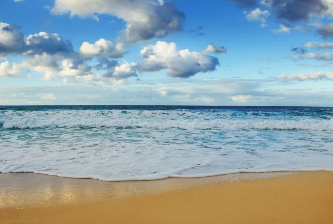Waves rolling onto a sandy beach under a cloudy sky - chalet in North Coast