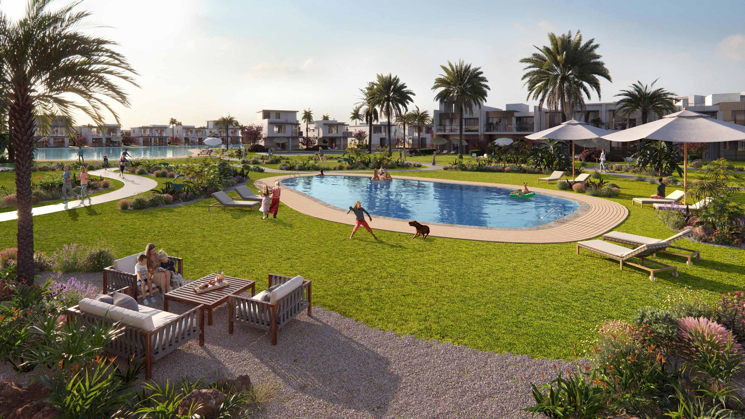 ora_9 Landscaped pool garden with seating and parasols - chalet in Ora, North Coast