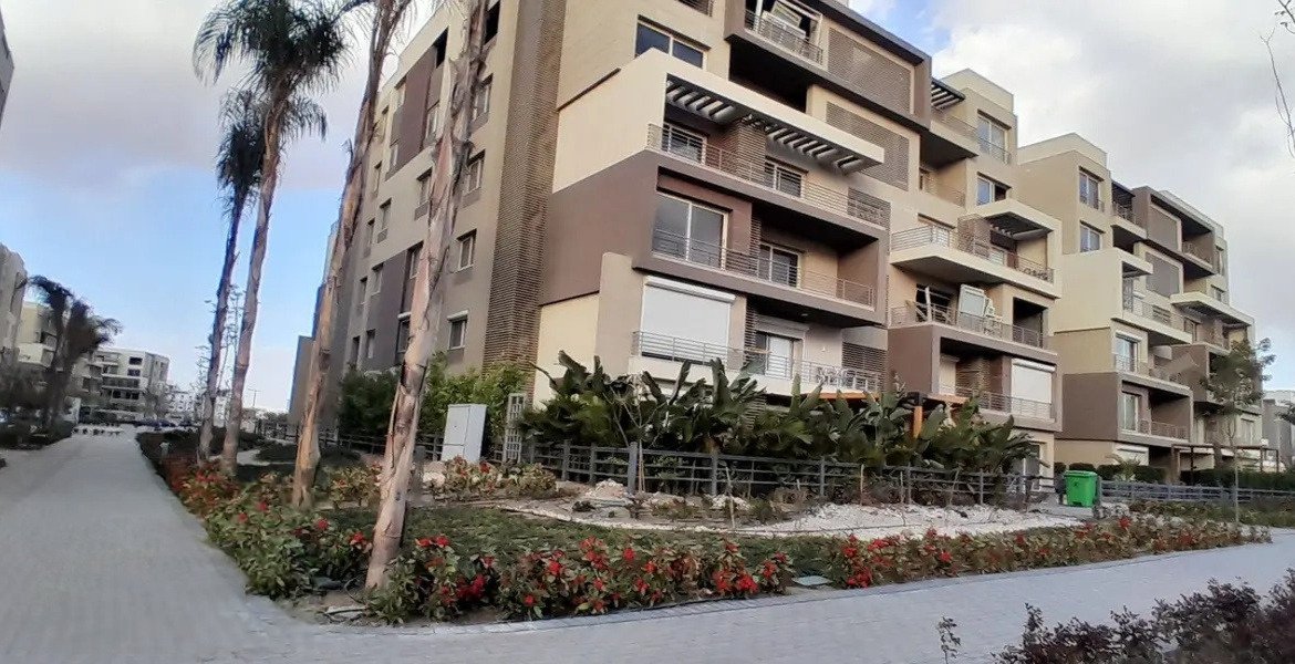 Walkway and tall palms beside brown apartment blocks - apartment in Palm Hills, New Cairo