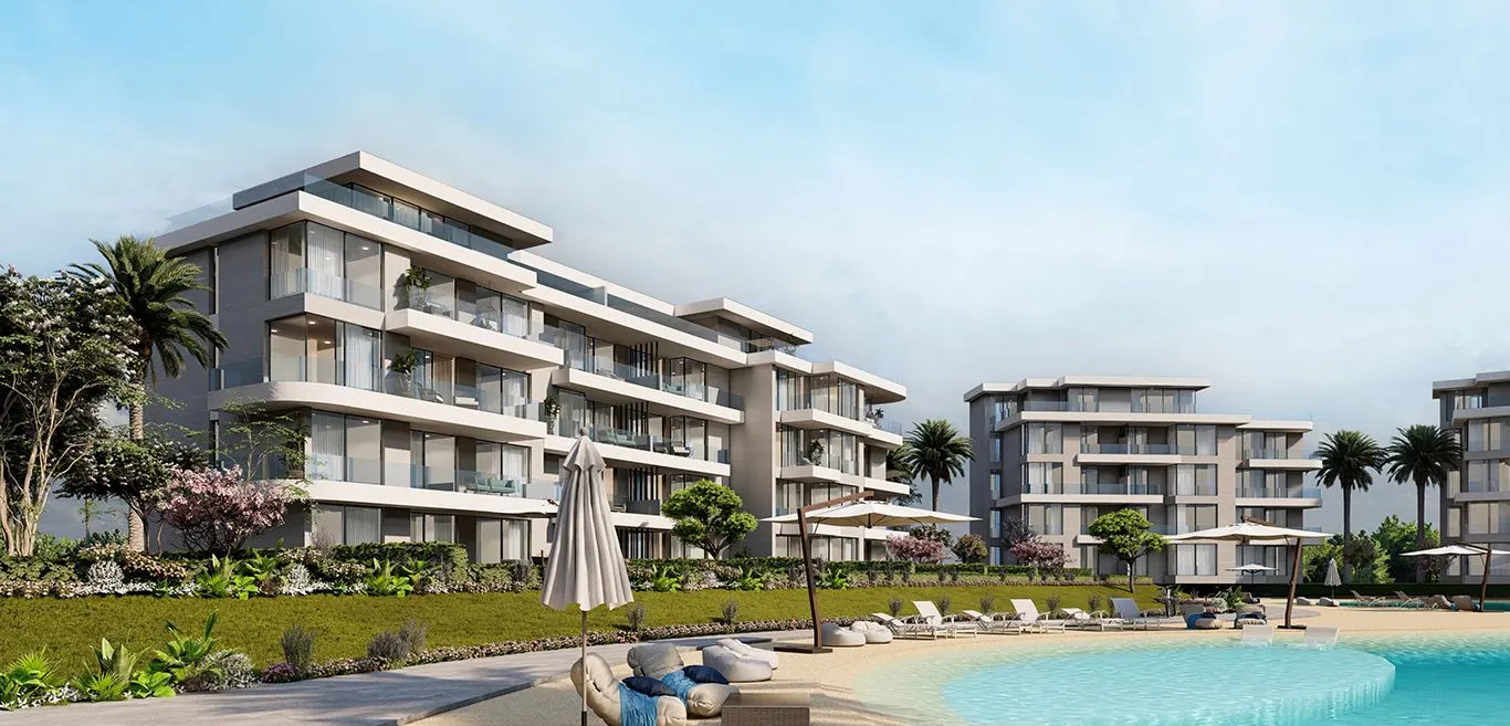 Rendering of low-rise apartment blocks beside a lagoon pool - chalet in Seashore, North Coast