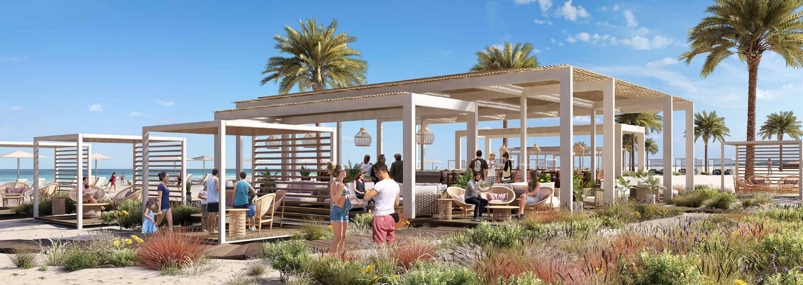 silversands-beach-club-render نادي شاطئ ببيرجولات بيضاء وزوار بجوار البحر - تاون هاوس في سيلفر ساندز، الساحل الشمالي