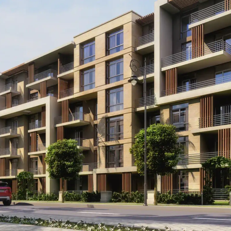 عمارة ببلكونات بني على شارع تصطف عليه النخيل - شقة في شاليا تاج سيتي