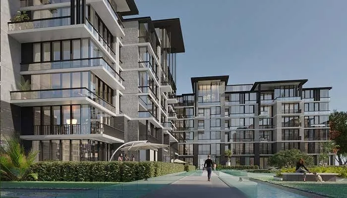 Residential buildings overlooking water features in The View by Waterway