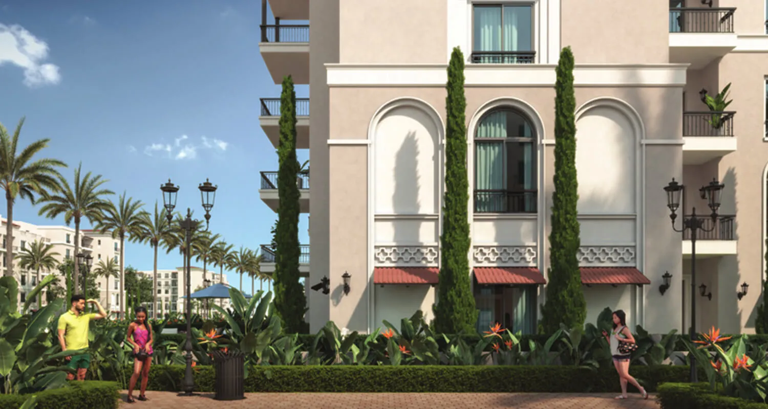 Village West Sheikh Zayed official Dorra render واجهة مبنى كلاسيكية مع نوافذ مقوسة عالية - شقة في فيلدج ويست الشيخ زايد