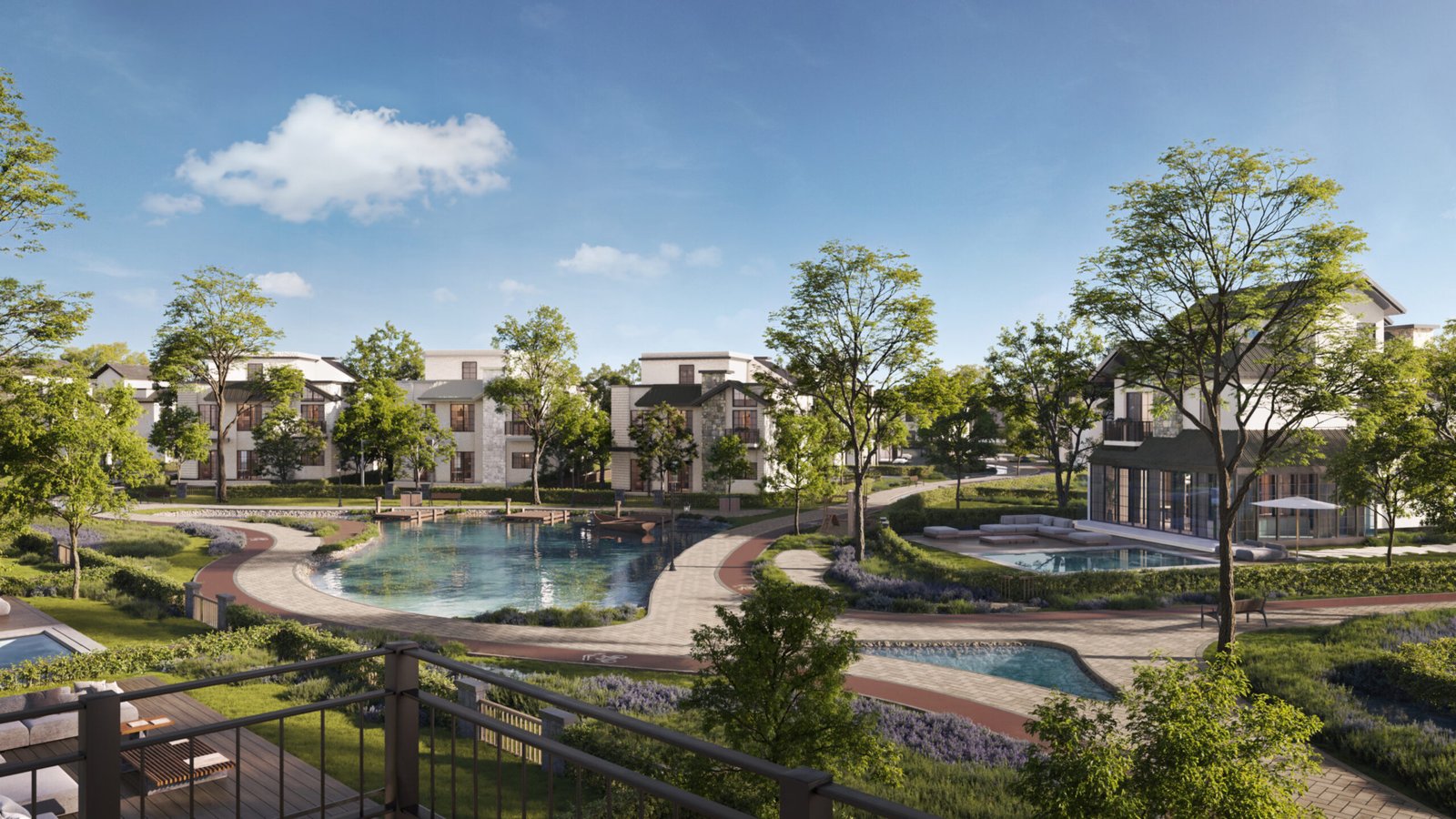 wonder-marq-terrace-render تصور لحمام سباحة في حديقة بين الأشجار والفيلات - تاون هاوس في The Wonder MarQ مدينة المستقبل، القاهرة الجديدة