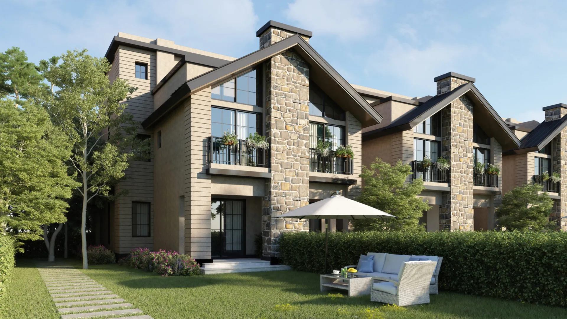 wonder-marq-townhouse-render-2 تصور لتاون هاوس حجر بسقف مائل وكنبة حديقة - تاون هاوس في The Wonder MarQ مدينة المستقبل، القاهرة الجديدة