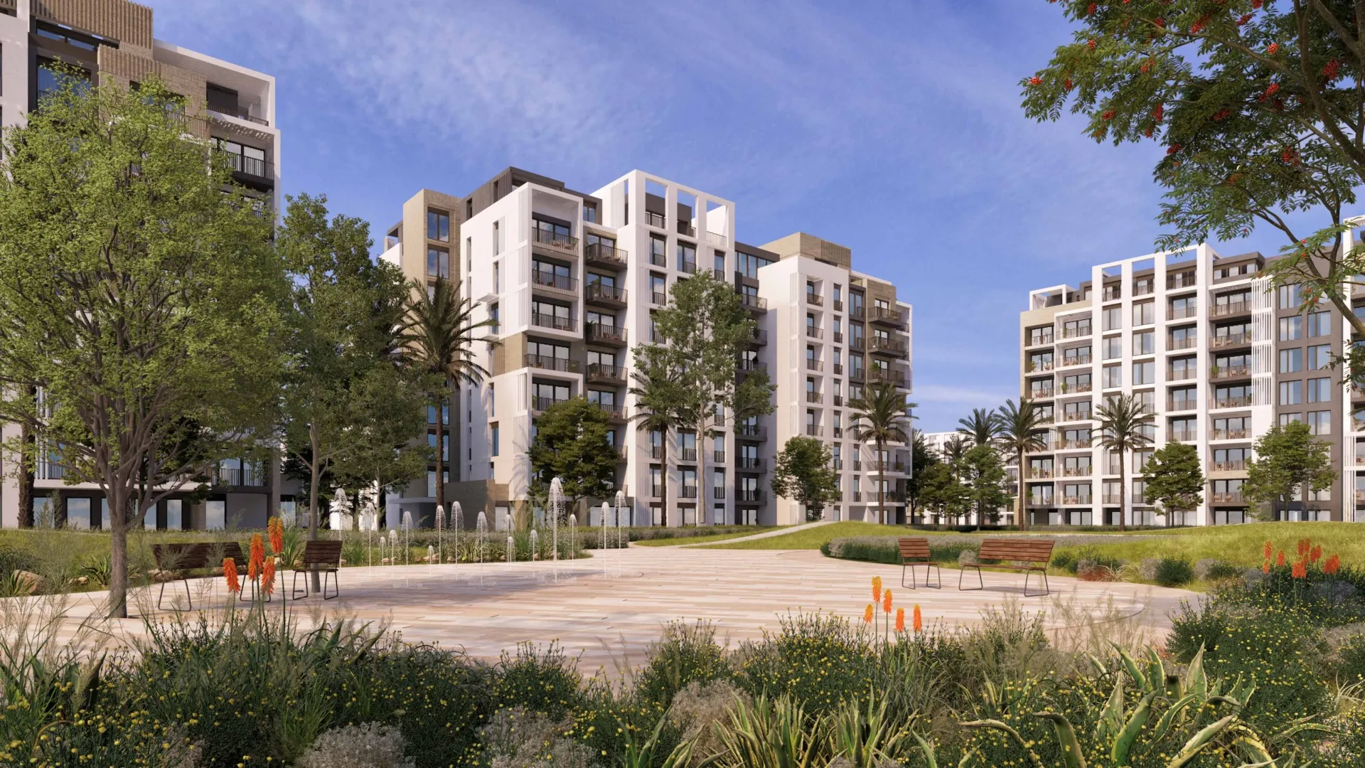 zed-east-apartments-render-1 تصور لساحة وعمارات بيضاء ومسطحات خضراء - شقة في زد إيست، القاهرة الجديدة