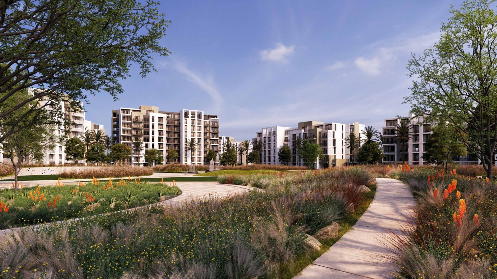zed-east-landscape-render تصور لممشى حديقة متعرج بين العمارات - شقة في زد إيست، القاهرة الجديدة