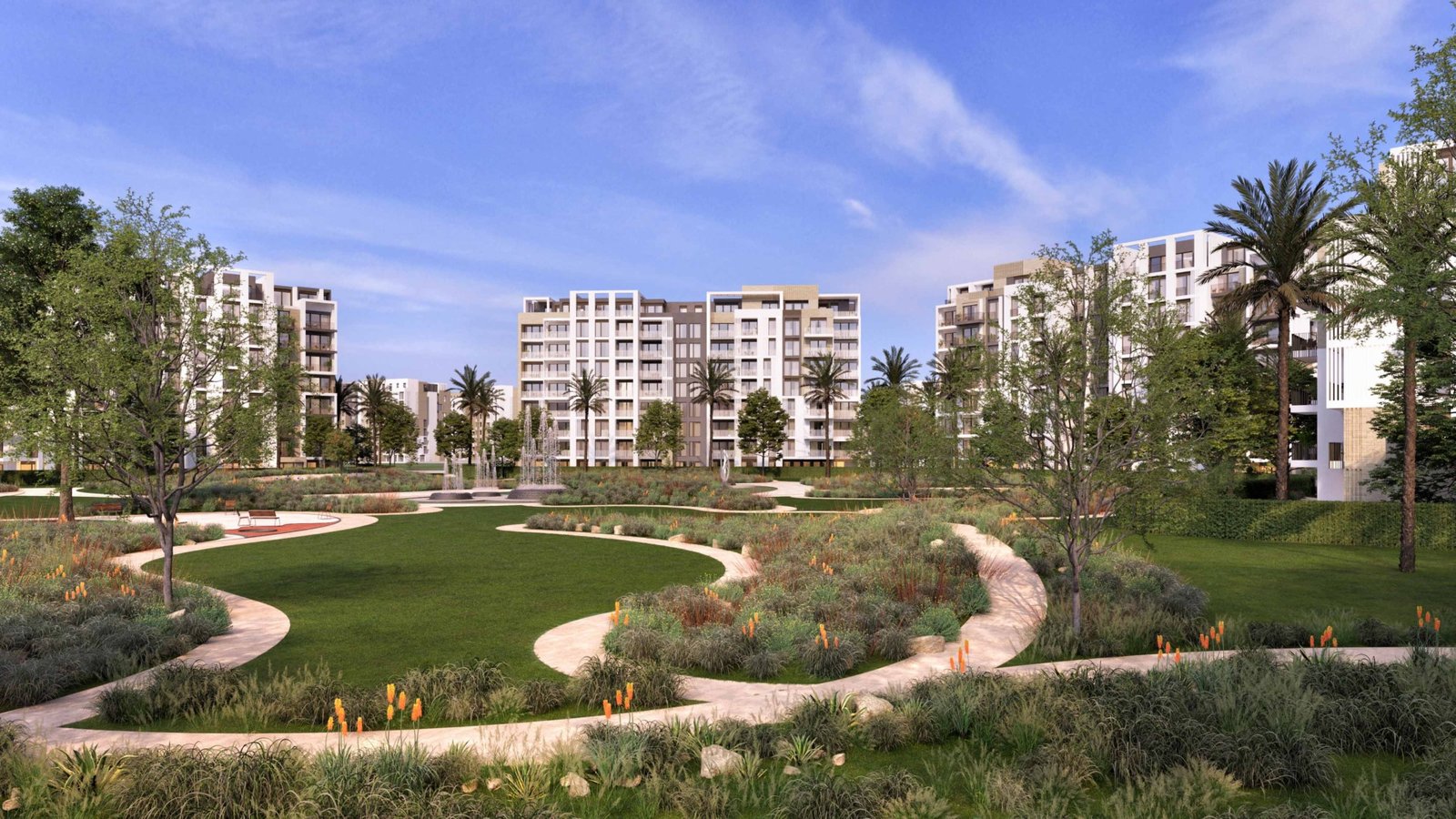 zed-east-park-render تصور لنجيل وممرات منحنية بين العمارات - شقة في زد إيست، القاهرة الجديدة